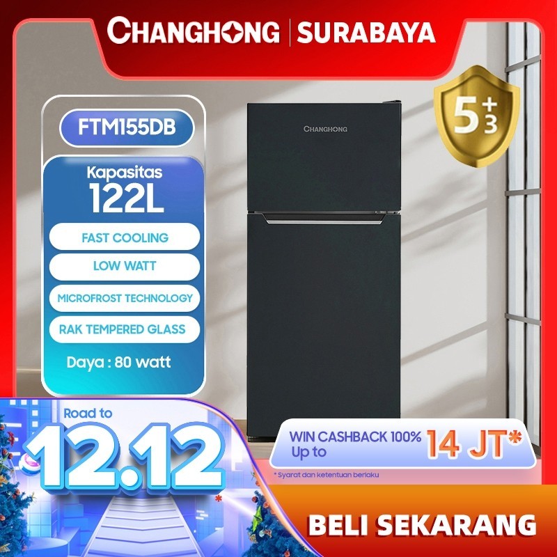 Changhong  Kulkas 2 Pintu  (Refrigerator) Lemari Es  Kapasitas 122 Liter FTM155DB Black (semi auto defrost)