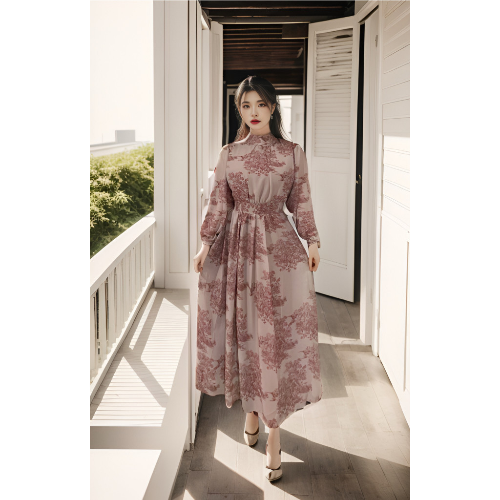 KOREAN STYLE VINTAGE MIDI DRESS FLORAL DRESS MIDI CHIFFON LONG SLEEVES PANTAI LENGAN PANJANG DRESS H