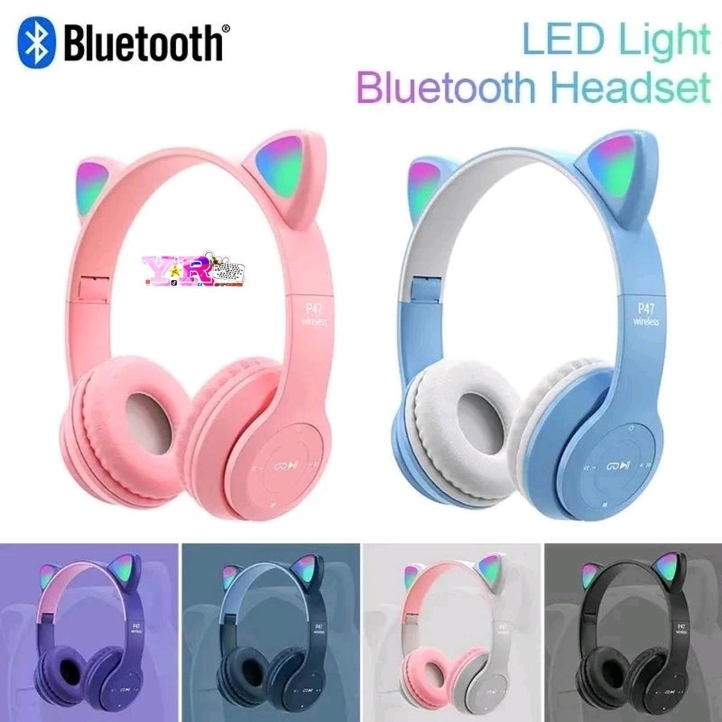 Termurah Headphone Bluetooth P47M RGB LED / Cute Cat Ear Wireless Audio Stereo Super Bass headset ba
