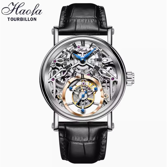 HAOFA 1602 TOURBILLON MECHANICAL WATCH GENUINE LEATHER - Silver