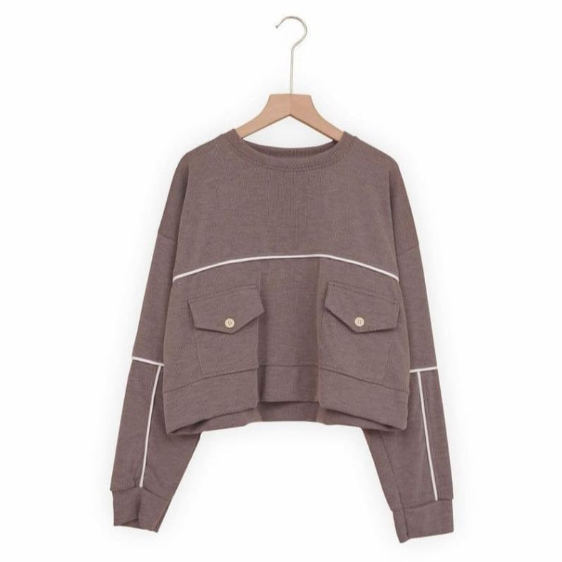 Sweater Crop Wanita Korean Style List Saku Kancing