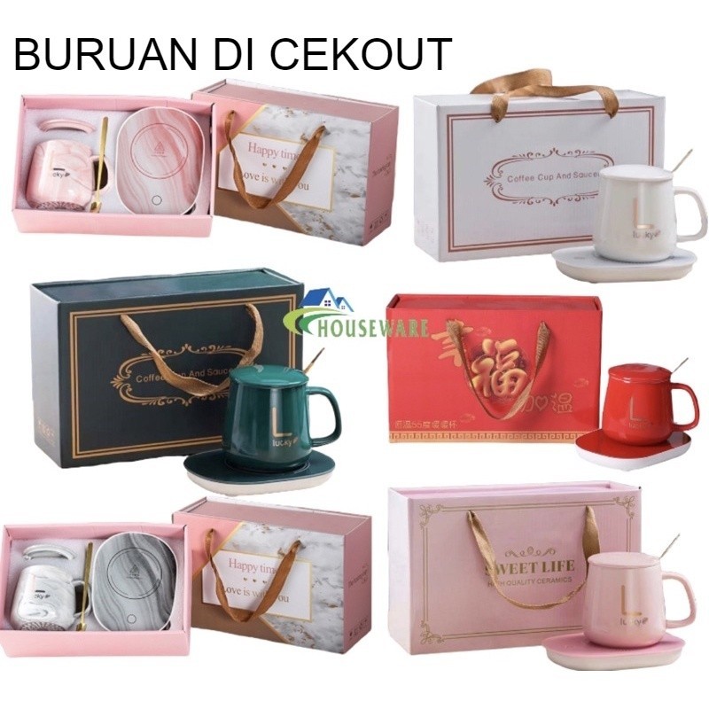 HOUSEWARE - GELAS SET KERAMIK LENGKAP DENGAN ALAT PEMANAS CANGKIR 55 DERAJAT PENGHANGAT KOPI AND TEH