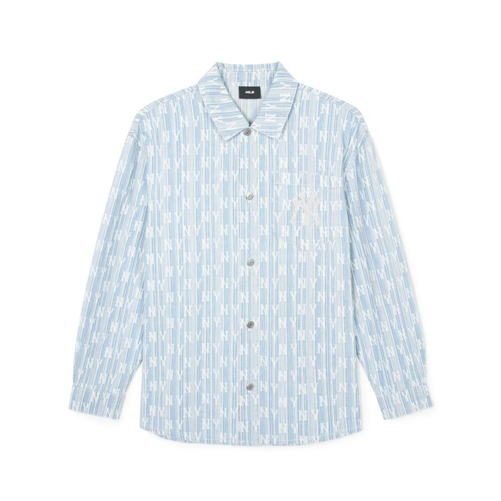 MLB Unisex Striped Classic Jacquard Denim Monogram Jeans Shirt, Model 3ADRM0341 50BLL, Blue