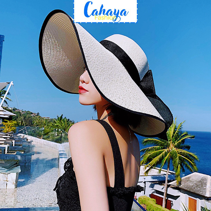 Topi Pantai Lebar Bahan Raffia Premium List Hitam / Topi Pantai Lebar / Topi Pantai Lipat Delima12