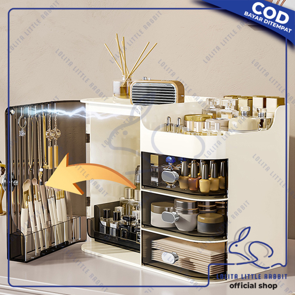 LOLITA Rak Kosmetik Set Cermin Rias dengan Laci Transparan  / Rak Make Up Kotak Penyimpanan Skincare