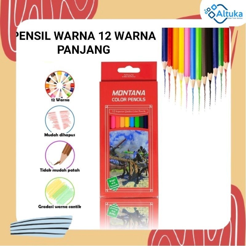 

Pensil Warna Murah / Pewarna Kayu 12 Warna Panjang Montana