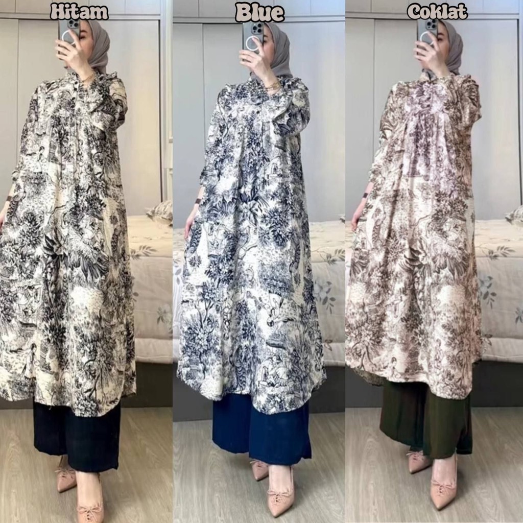 Emory Set Tunik  One Set Wanita Long Tunik Rayon Premium Baju Setelan Wanita Kekinian Celana Kulot