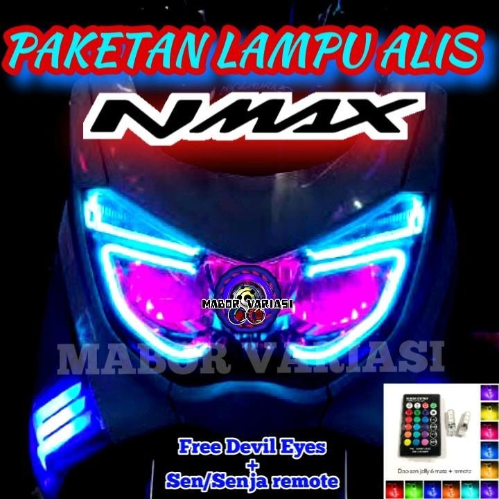 PAKET LAMPU ALIS YAMAHA NMAX OLD 2015/2019 FREE DEVIL EYES + LAMPU SEN/SENJA REMOTE RGB