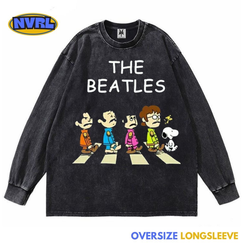 Kaos oversize longsleeve the beatles abbey road cartoon washed washing vintage tee