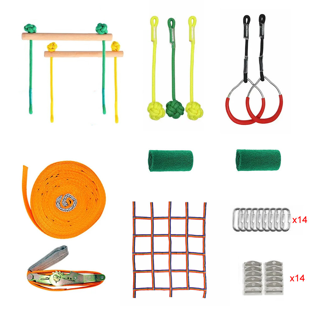 Courtyard Ninja Warrior Obstacle Course Line Kit 12m Slackline Climbing Net Hanging Obstacles for Ki