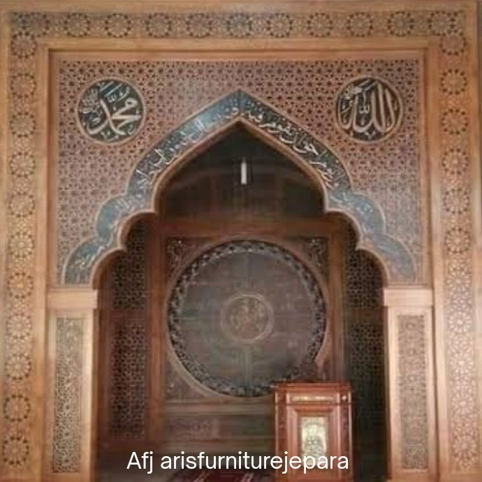 mihrob masjid ukir kaligrafi kayu jati, mihrab mimbar masjid harga /m² super muraahhh