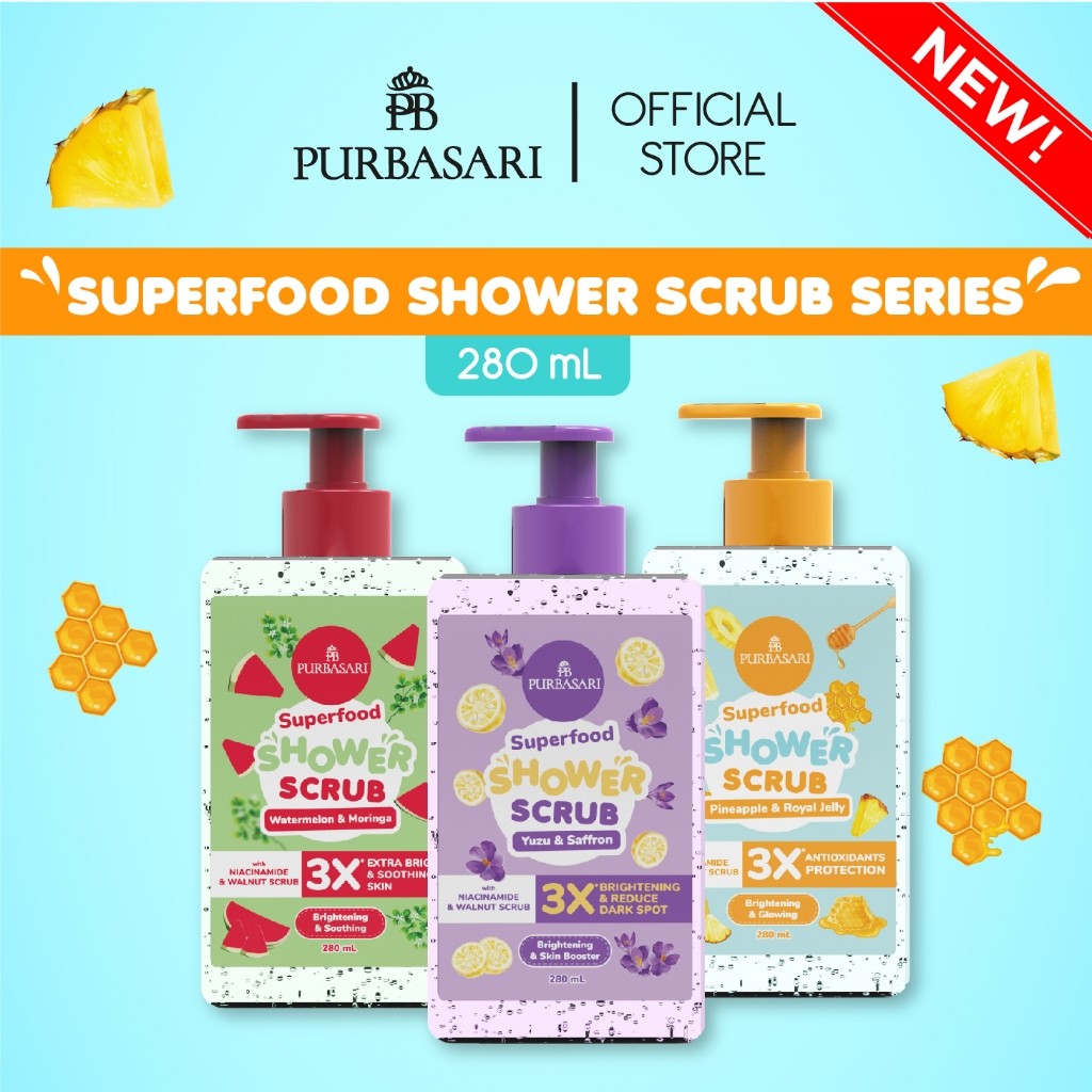 MFI - Purbasari Superfood Shower Scrub Series | Netto 280mL | Sabun Mandi | Watermelon & Moringa | Y