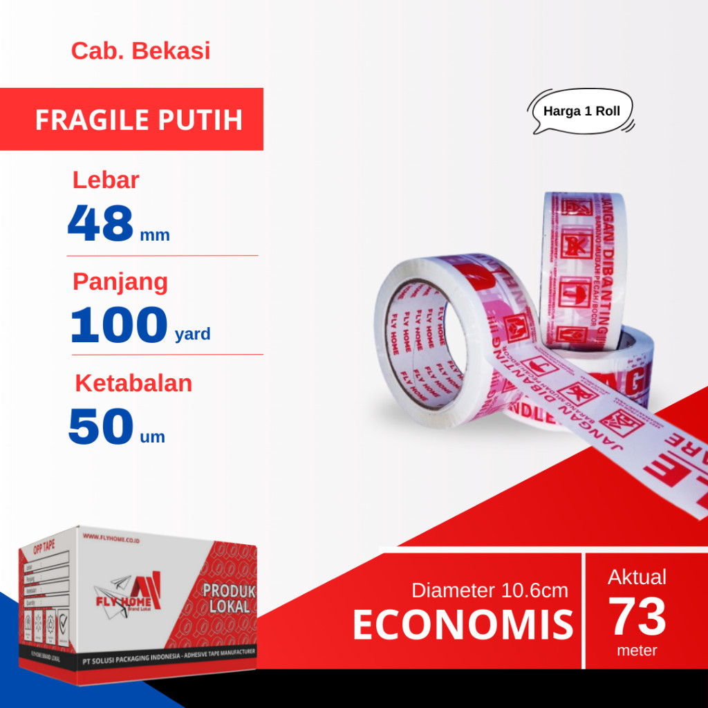 

FLYHOME 1Roll Lakban Fragile Putih 48x100Y 2inci Uk Besar ECO 100 Yard