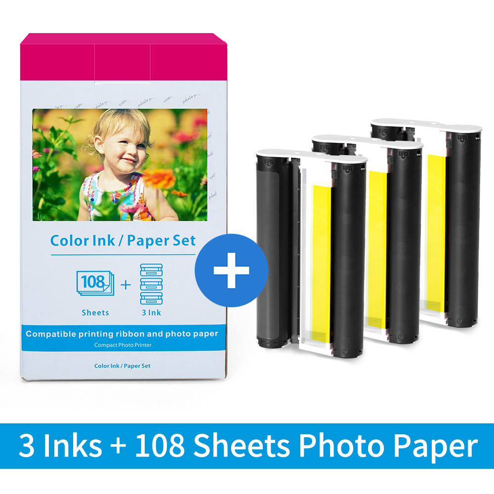 

3 Color Inks and 108 Glossy Photo Paper Compatible for Canon Selphy CP1300 CP1200 CP910 CP900 Photo Printer KP-108IN KP-36IN