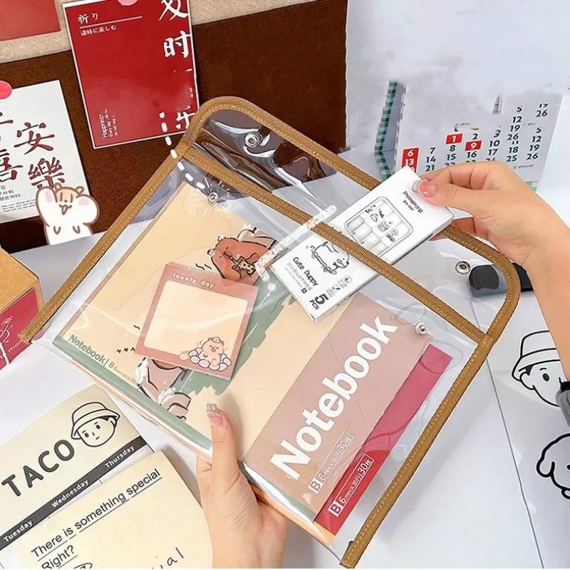 

Simple Transparent PVC File Pocket Folders Bag Snap Button Students Books Paper Stationery Organizers High Capacity Pencil Case