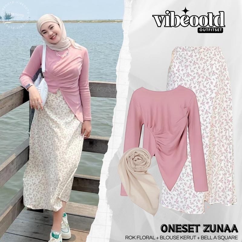 Zunaa Outfit Set Wanita Hijab ( Bawahan Rok Floral Panjang + Atasan Blouse Knit Kerut + Bella Square