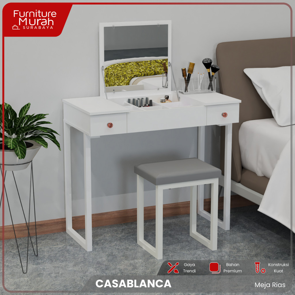 Furniture Murah Surabaya - Meja Rias Standing dengan Laci plus Kursi Meja Skincare Kaca lipat - Matk