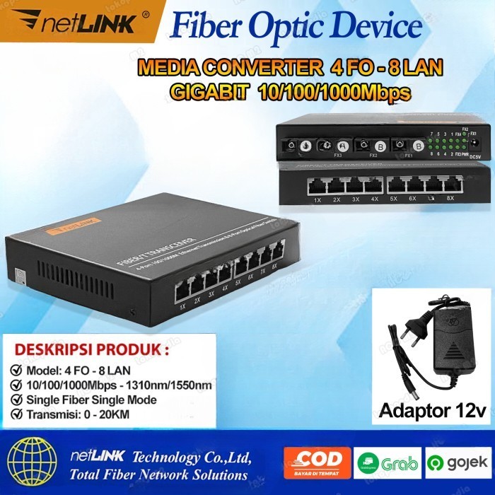 Media Converter Fiber Optic 4 FO 8 LAN Gigabit.