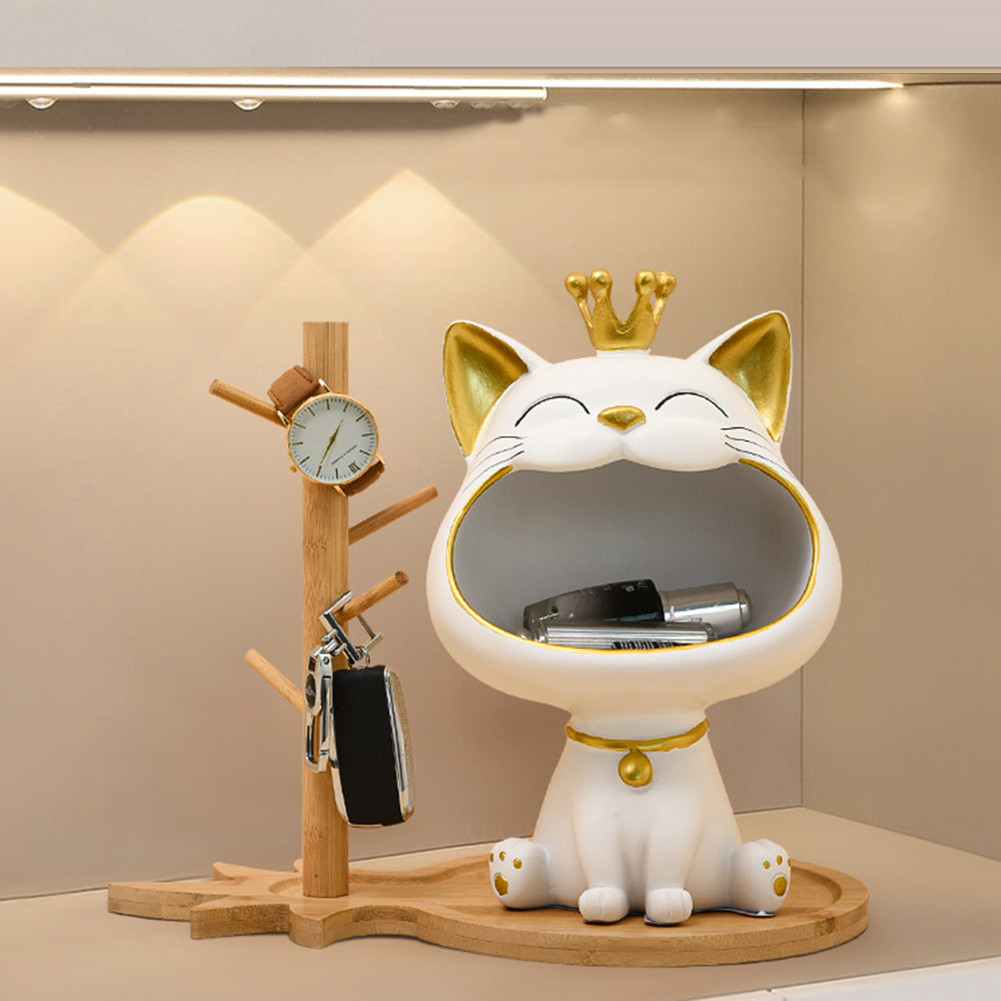 

Fortune Cat Key Holder Figurine Entrance Crafts Resin Storage Box Big Mouth Lucky Cat Table Sculpture Living Room Desk Decor