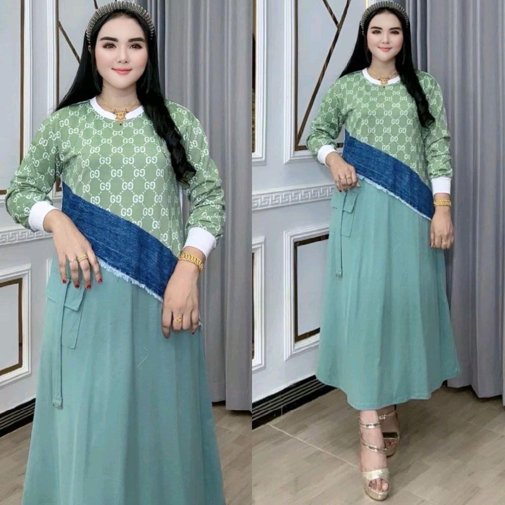 Baju Wanita Midi Dress Gudita Bahan Katun Kombed Kombi Jeans Ld 110 Pb 115