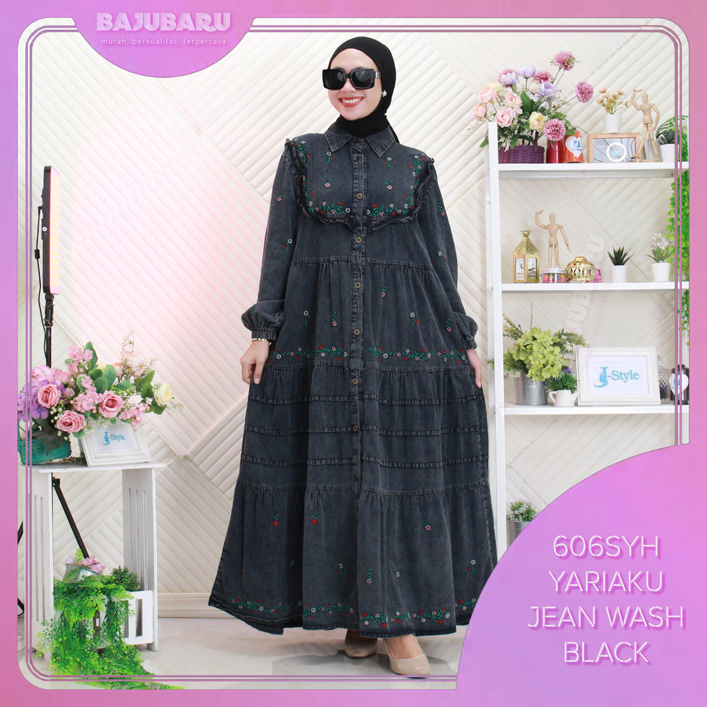 Yariaku Gamis Black Jeans Wanita Jumbo Busui Friendly Bordir
