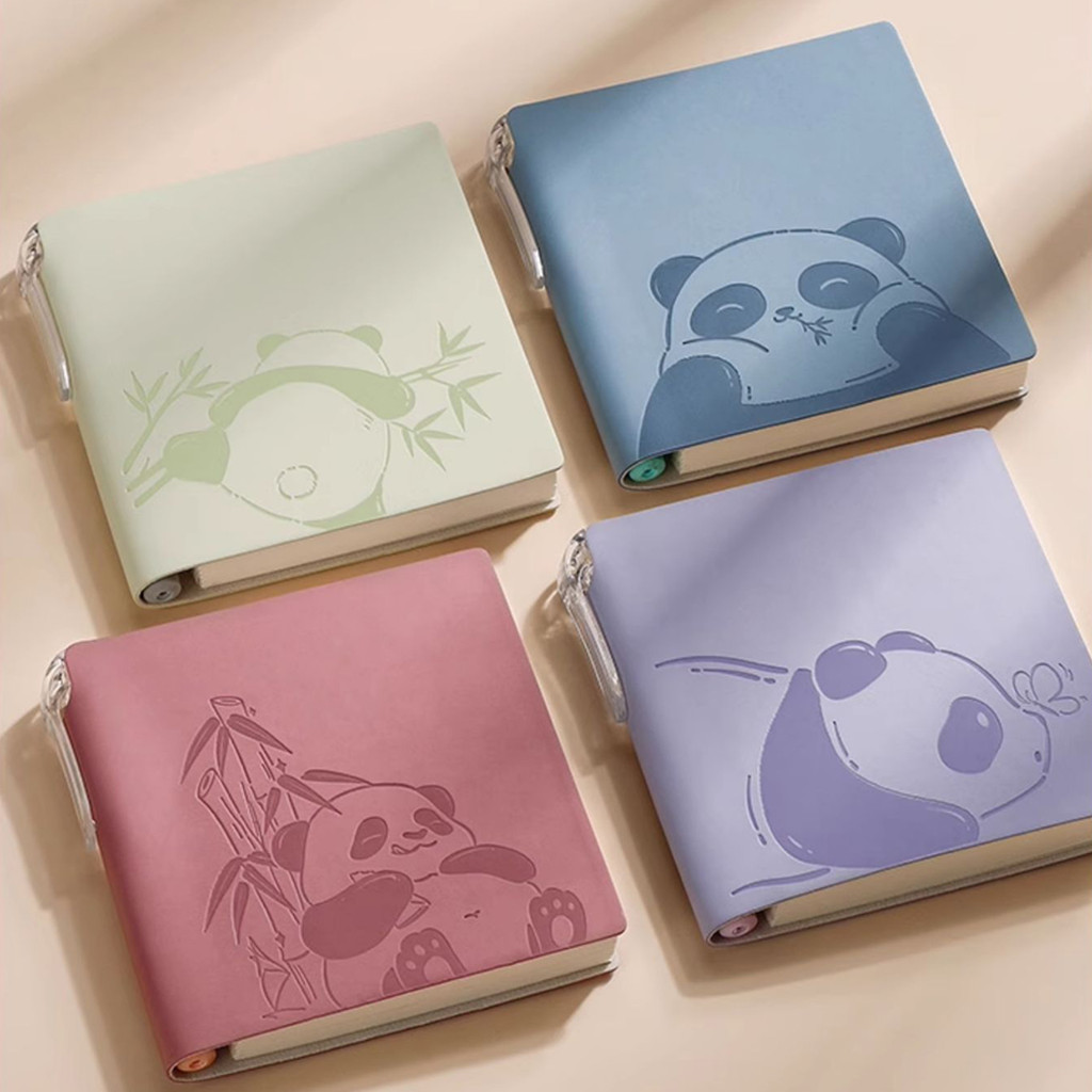 

2pcs Notebook Square A6 100 Sheets Cute Panda Portable Pocket Horizontal Line Diary PU Cover Thread Binding Stationery Supplies