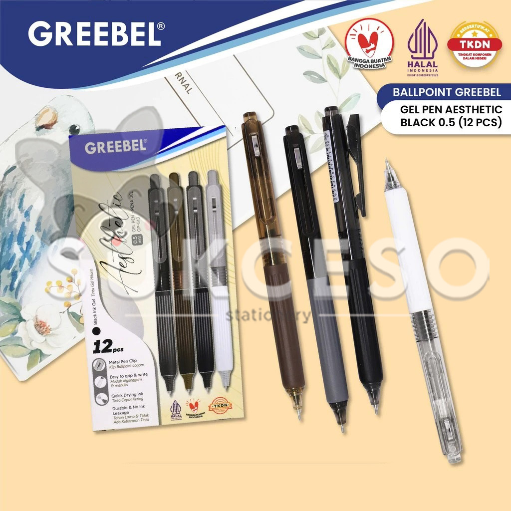 

GREEBEL Retractable Gel Pen 0.5mm GP-513 AESTHETIC Pulpen Hitam SATUAN Quick Dry Murah