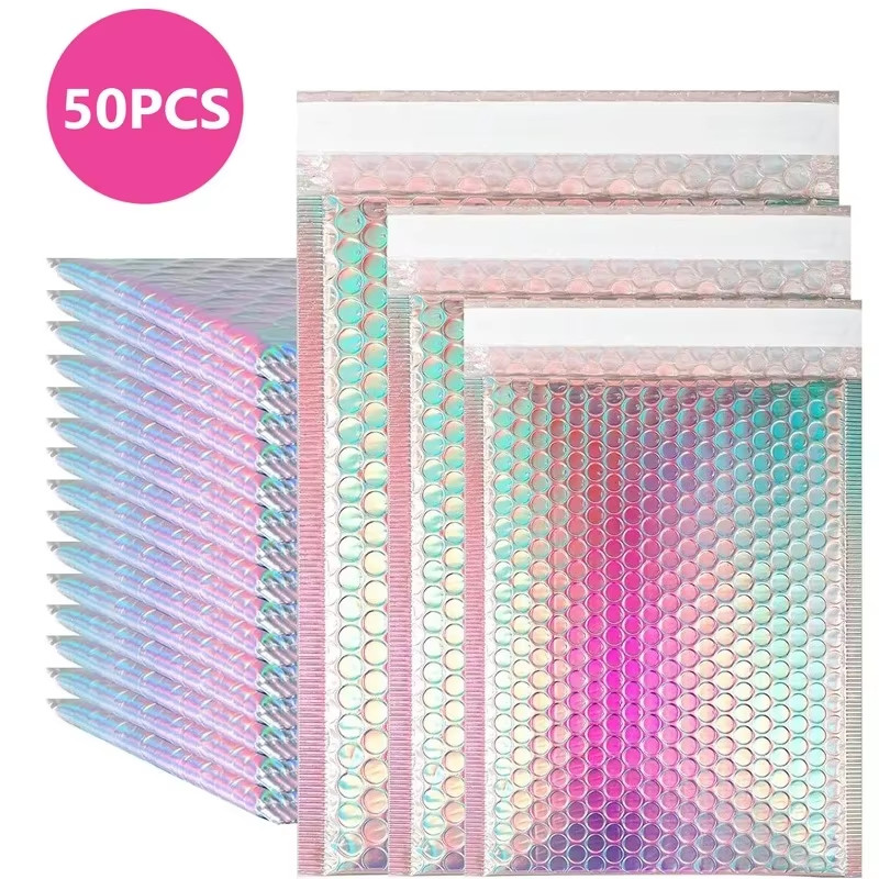

50 Pcs Shipping Packaging Rose Gold Holographic Small Business Supplies Metal Bubble Mailer Bags Envelope Mailing Office School