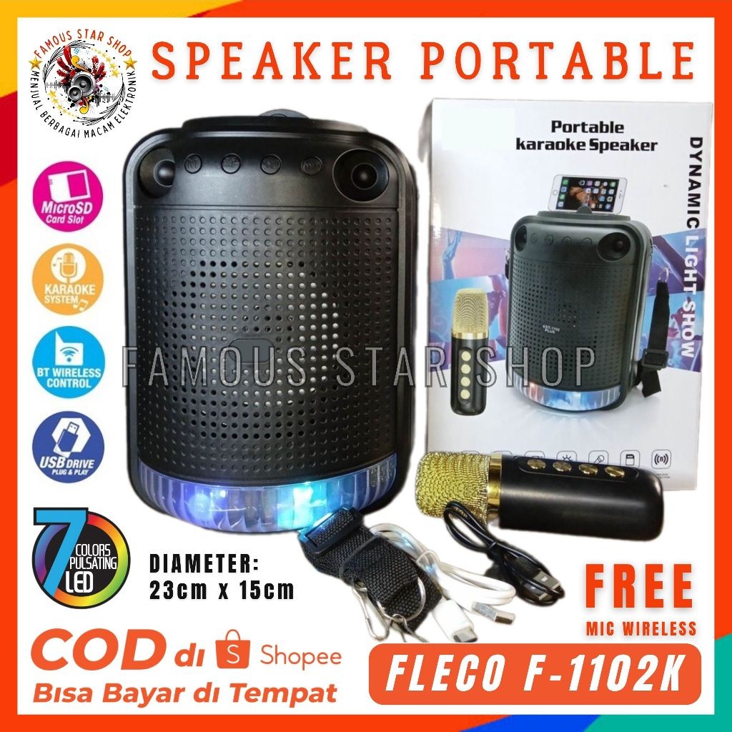 NEWW Speaker Bluetooth Portable Karaoke FLECO F-1102K Free Microphone Mic Karaoke BT/ USB/ TF CARD/ 