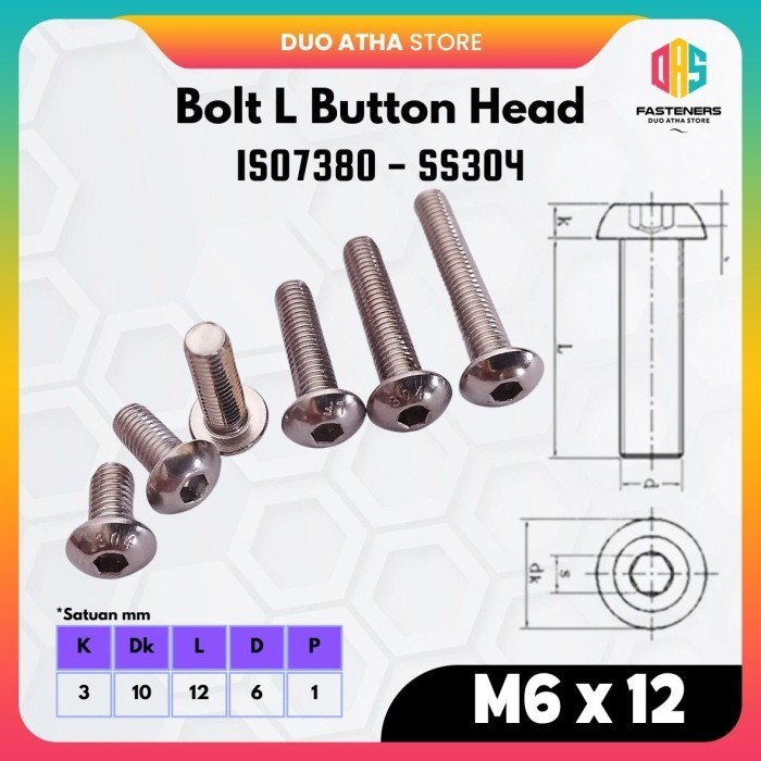 Baut L Button Head M6x12 Stainless Steel 304 ISO7380