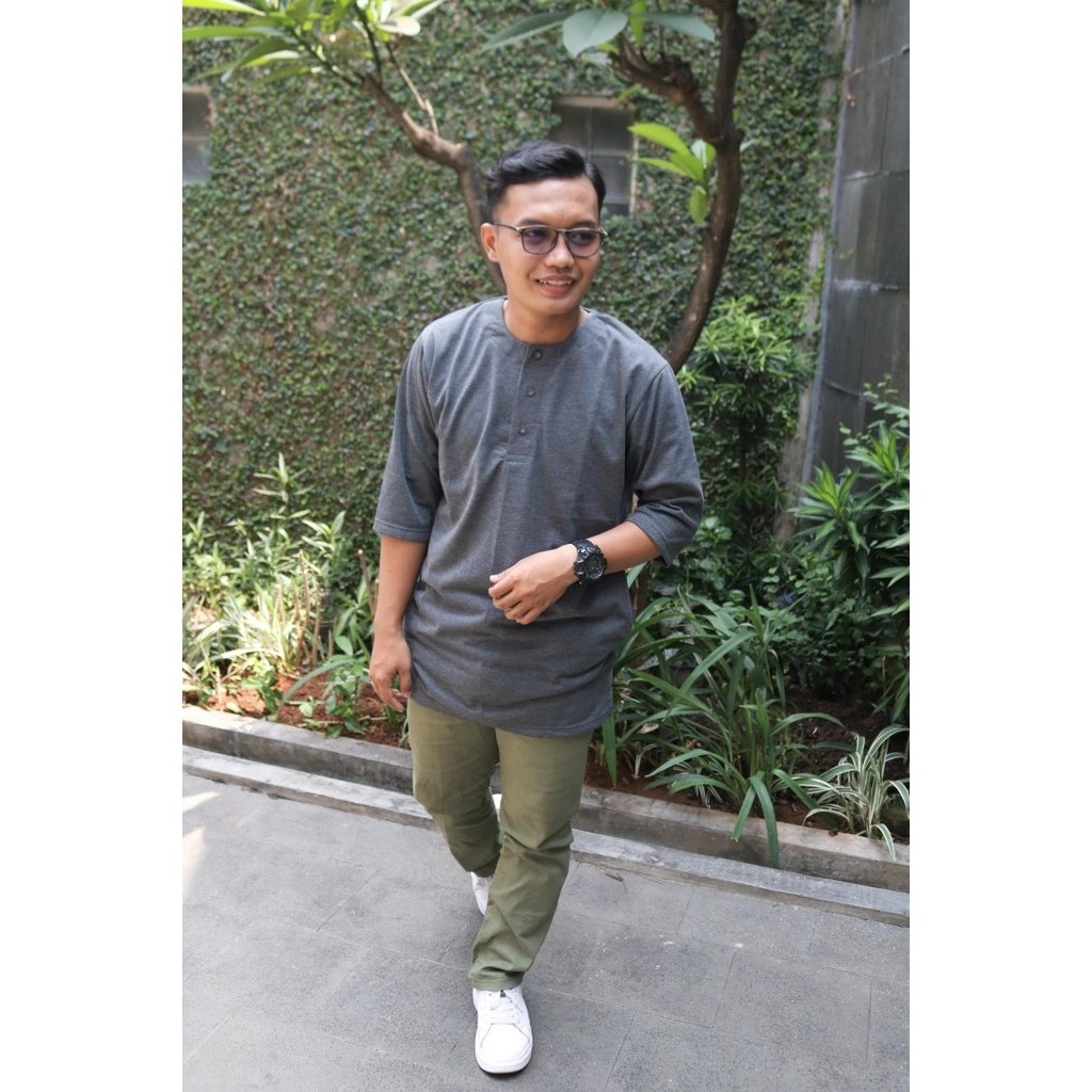 Koko MurMer_ Koko Kurta Pakistan Bahan Kaos Lengan 3/4 Kasual Baju Muslim Pria - Abu-abu, XL