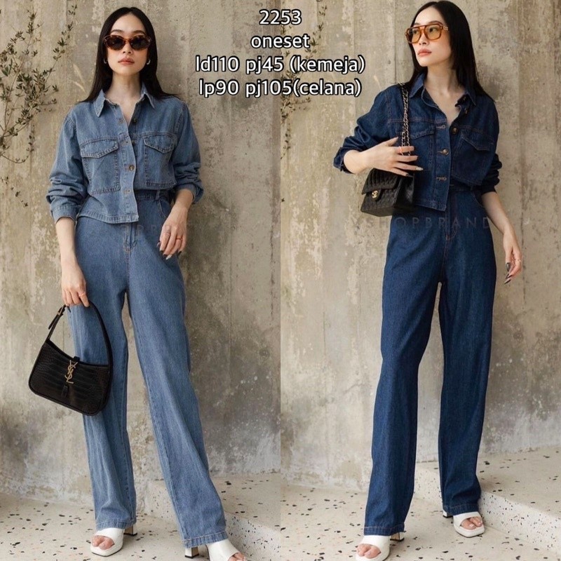 ONE SET WANITA KEMEJA JEANS  KULOT DENIM LENGAN PANJANG IMPORT all size
