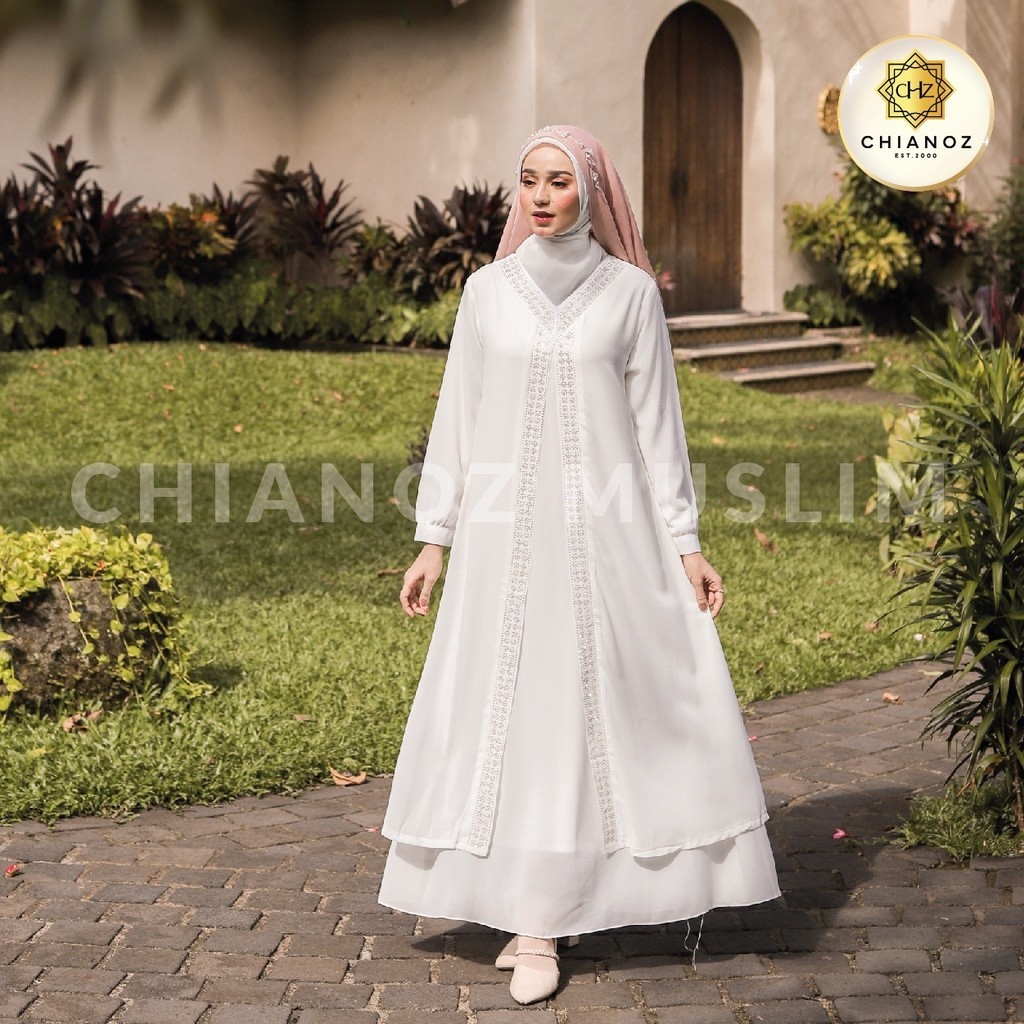 CHIANOZ Gamis Putih Mewah Sofia Dress Brukat Renda Baju Lebaran Umroh Haji Manasik Pesta Akad 907 90