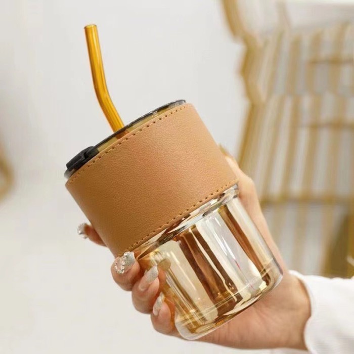 Gelas Estetik Cantik Tumbler Kaca Botol Minum Lucu 2in1