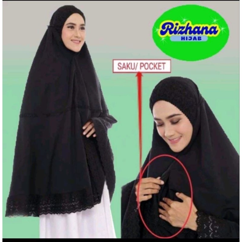 Terlaris ~hijab jilbab kerudung bergo instan haji umroh saku kantong depan resleting hitam jumbo sya