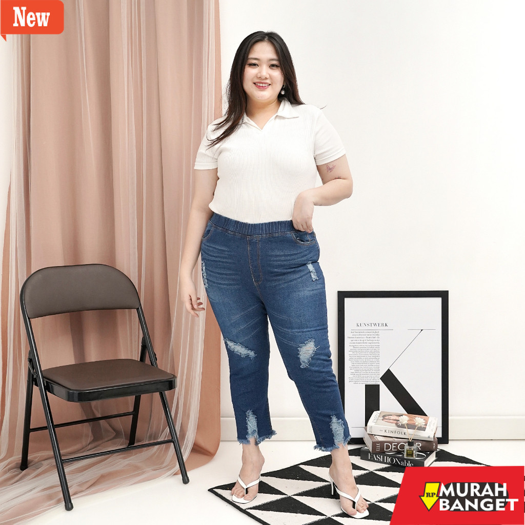 Denim Panjang Wanita celana jeans wanita jumbo sobek / celana pinggang karet street / jeans ripped t