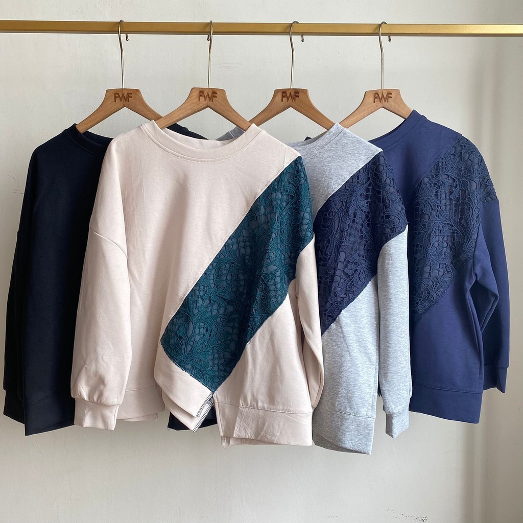 Sera Sweatshirt Kombinasi Brokat / Baju Atasan Blouse Wanita Import