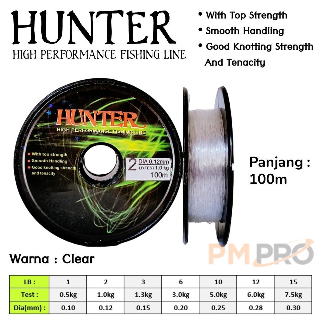 Hunter 1lb - 15lb Panjang 100m Senar Kenur Pancing Warna Clear Bening Tangkai Pancingan Mudah Tengge