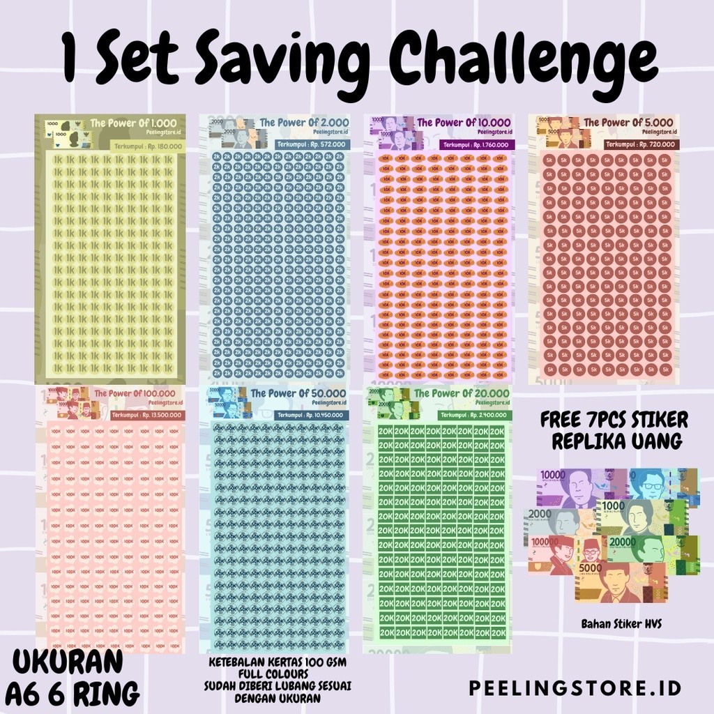 

1 SET SAVING CHALLENGE ISI 7 LEMBAR BUNDLE 7 STICKER) KERTAS SAVING CHALLENG A6, A5 6 RING DAN A5 20 RING
