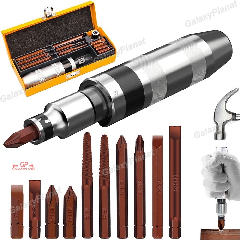 13 Pcs Obeng Set Impact Screwdriver Obeng Ketok Putar Besi Kotak Perkakas Multifungsi untuk Mobil Mo