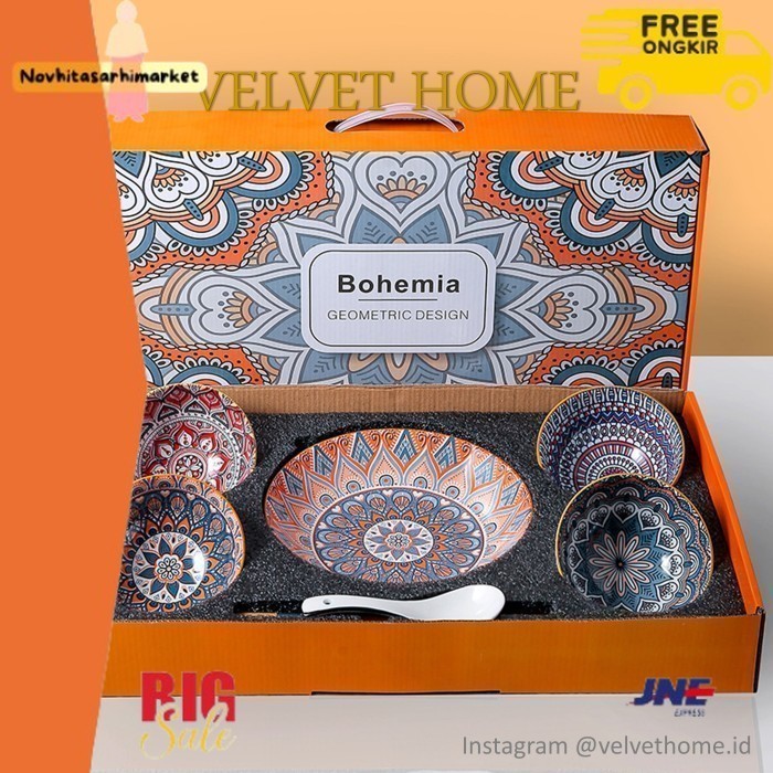 

✨LARIS✨ -Set Hampers Piring + 4 Mangkok Bohemian Kado Lebaran Idul Fitri Natal - Bohemian for 4