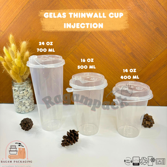 Gelas Kekinian Thinwall Bening Cup Injection Tebal Bening Transparant 14 16 24 oz / Cup Inject / Cup