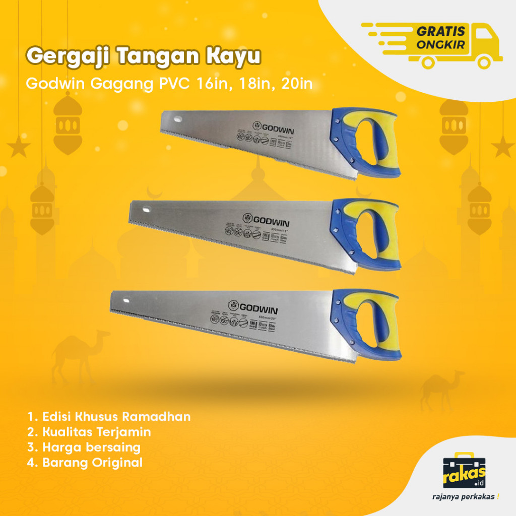 POPEYE Gergaji Tangan / Gergaji Kayu Godwin Gagang PVC 16in, 18in, 20in Berkualitas