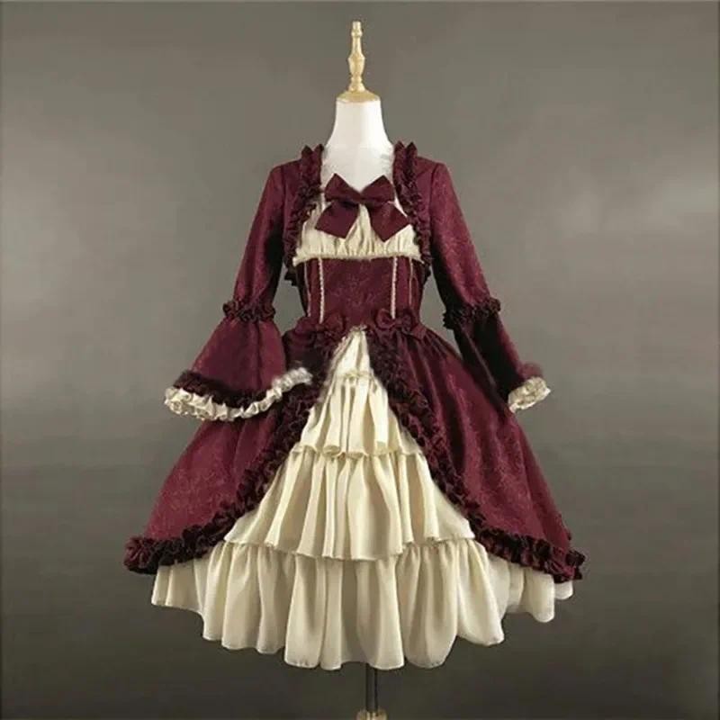 Square Neck Waist Spliced Bow Dress Strawberry Lolita Medieval Retro Gothic Court Lolita Dress