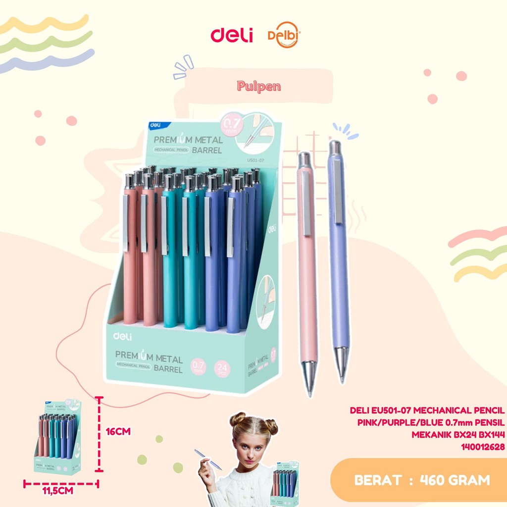 

DELI EU501-05 MECHANICAL PENCIL PINK/PURPLE/BLUE 0.5mm PENSIL MEKANIK & DELI EU501-07 MECHANICAL PENCIL PINK/PURPLE/BLUE 0.7mm PENSIL MEKANIK