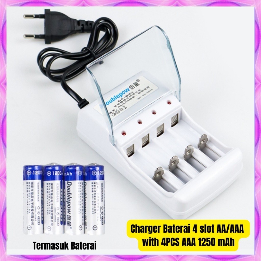 Charger Baterai 4 slot AA/AAA with 4PCS AAA 1250 mAh Doublepow charger Baterai-COD