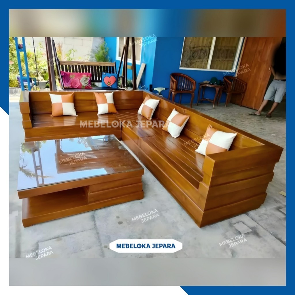 Meja kursi ruang tamu sudut minimalis box kayu jati. Set kursi tamu minimalis