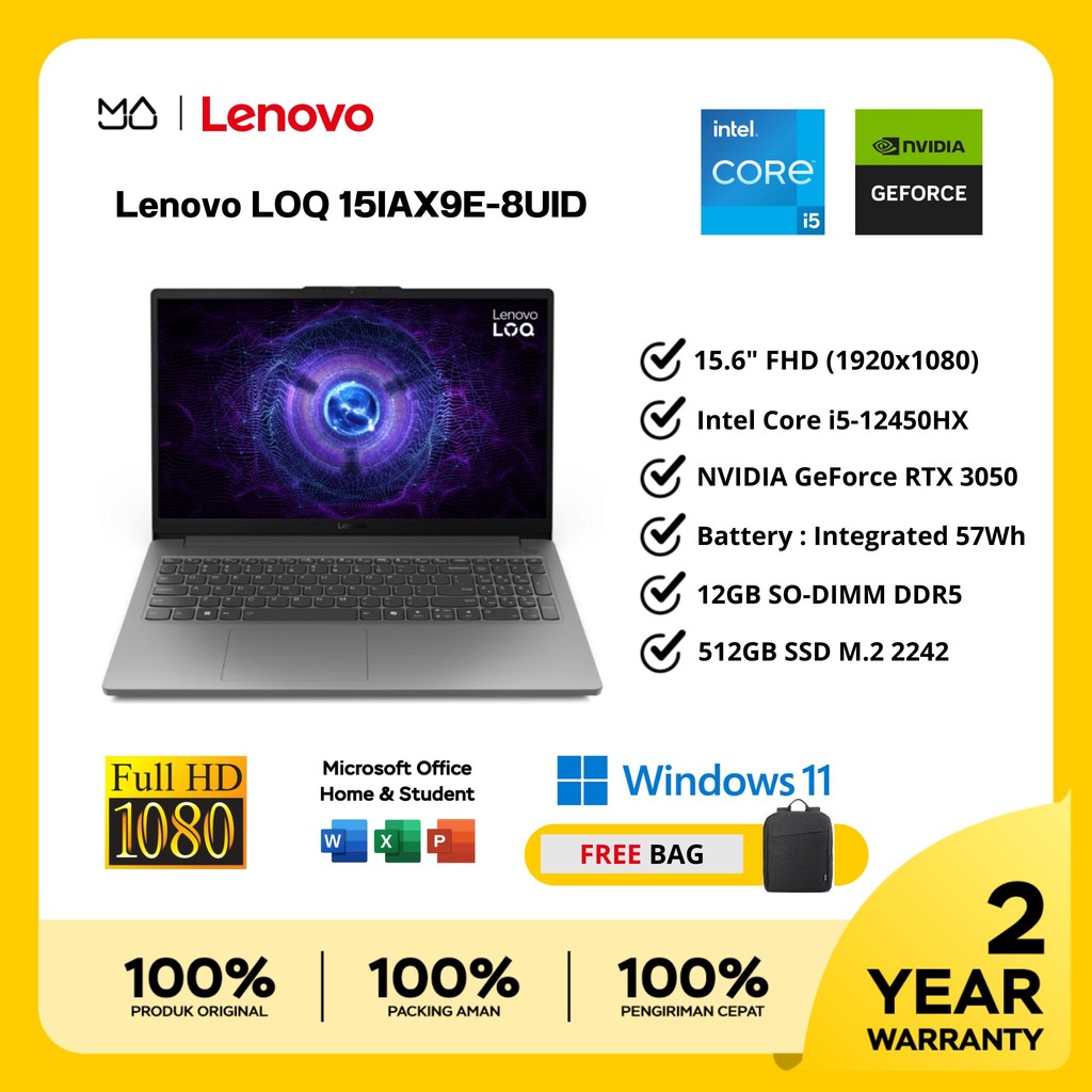 Laptop Lenovo LOQ 15IAX9E Intel i5-12450HX 12GB SSD 512GB RTX3050 - Garansi Resmi