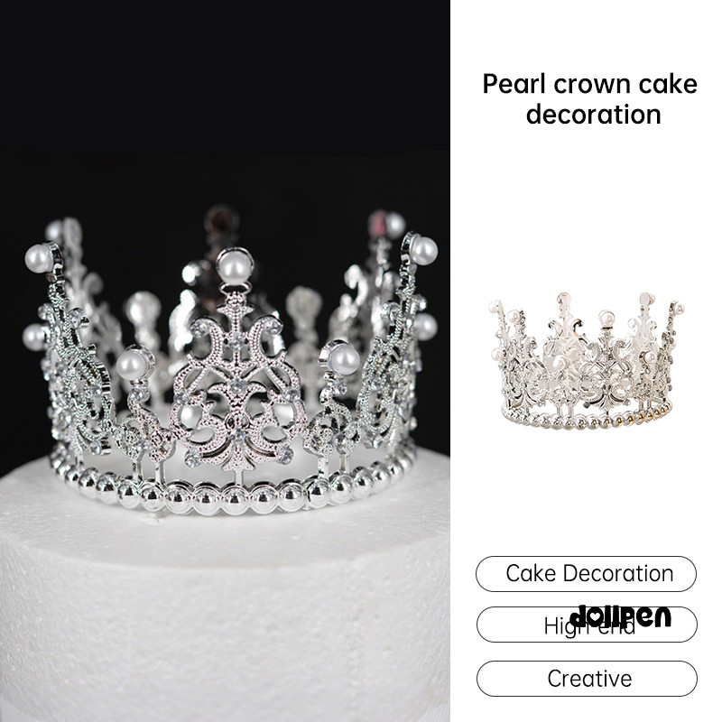 Cake Topper Crown Diameter 11cm Pearl , Hiasan Kue Mahkota Mutiara Silver Plastik /dollpen