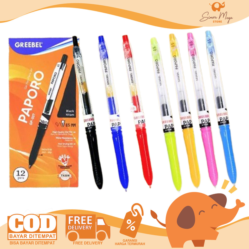 

GREEBEL Retractable Gel Pen 0.5mm GP-507 PAPORO Pulpen Cetek SATUAN Murah